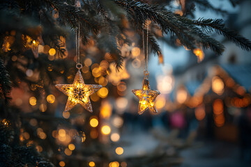 Christmas star lights hanging on fir branches with soft defocused glow in an abstract festive background