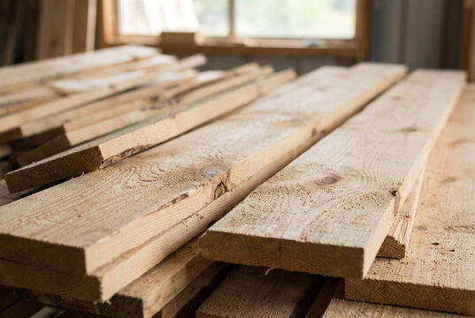 Stack of natural raw wooden planks with visible grain and texture, piled indoors. Perfect for carpentry, construction, or DIY projects
