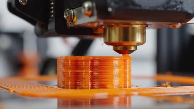 Close-up of 3D printer nozzle extruding orange plastic filament to create a model