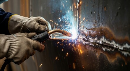 Close-up of welder's hands in safety gloves performing industrial arc welding with bright sparks flying.