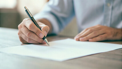 Person writes on a blank sheet of paper while sitting at a wooden table in a well-lit room