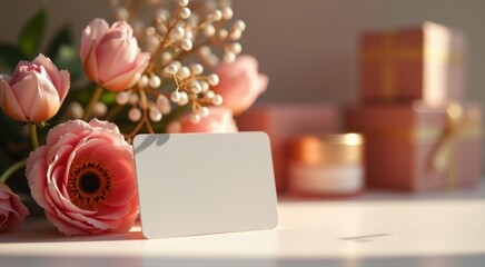 Obraz premium White card with a pink flower and a gift box gift card concept copy space