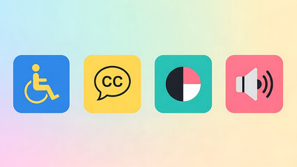 Accessibility icons displayed on a colorful gradient background with various symbols
