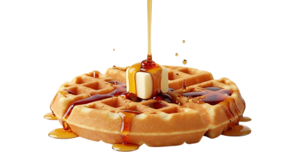 Waffle with butter and syrup being poured on top transparent background