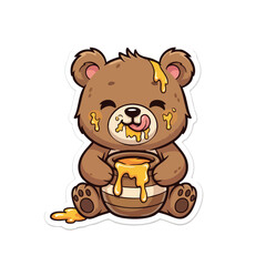 Fototapeta premium Cartoon Bear Eating Honey from Pot.