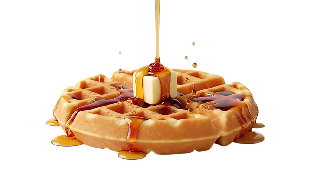 Waffle with butter and syrup being poured on top transparent background
