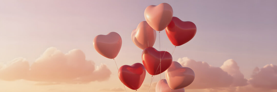 Pink and red heart balloons floating up towards a soft sunset sky