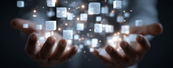Human hands interact with glowing digital blocks, symbolizing data connection and future innovation