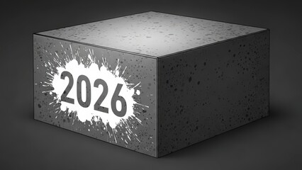 Concrete cube with the year 2026 illuminated on its surface.
