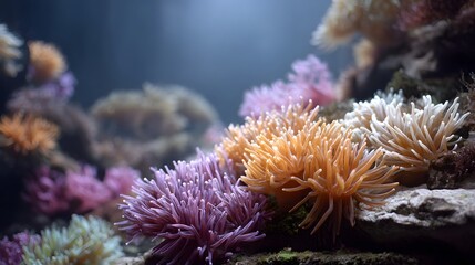 Vibrant colorful coral anemones swaying gently in clear underwater reef