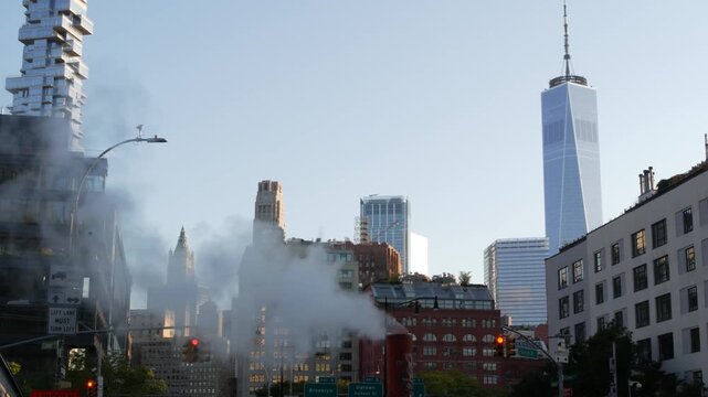 New York City Manhattan Downtown Financial District, United States of America. World Trade Center skyscraper, FiDi tower building. Modern business center. Hot steam smoke vapor. Varick street, Tribeca