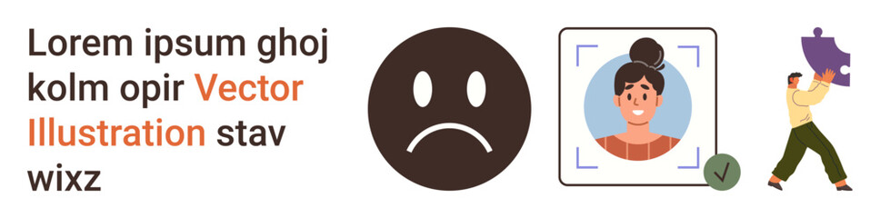 Fototapeta premium Identity verification, emotional expression, user profiles, problem-solving, emotions analysis, personal security. Sad face emotion, profile with authentication man carrying a puzzle. Identity