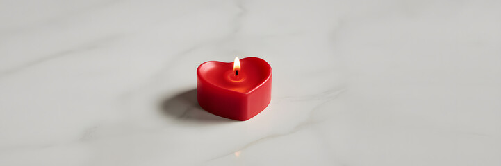Red heart shaped candle burning on white marble surface