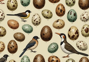 Vintage Ornithology Chart with Various Bird Species Eggs and Plumage Detail pattern