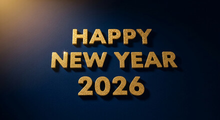 Gold glittery "Happy New Year 2026" text on dark blue background, representing festive celebration, future anticipation and holiday greetings