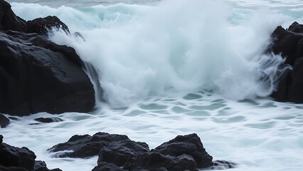 sedition. Ocean waves crashing against dark rocks with splashing water droplets in dramatic seascape. travel magazines, destination branding, designed for outdoor magazines and nature guides.