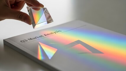 Hand holding a prism creating a beautiful rainbow spectrum on a book.