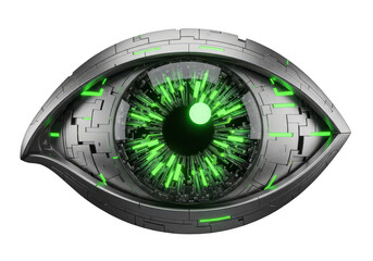 Futuristic cybernetic eye with glowing green iris and intricate mechanical details on a Transparent background, representing artificial intelligence and advanced technology