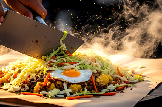 Vibrant and colorful street food style of Sri Lankan kottu roti, a metal blade chopping stir-fried roti, cabbage, carrots, egg on a hot griddle, on a piece of brown paper 