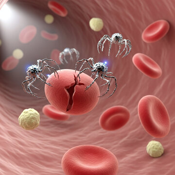 Microscopic Medical Illustration of Nanotechnology Robots Repairing Blood Cells Inside the Human Body for Future Biotechnology Health Solutions