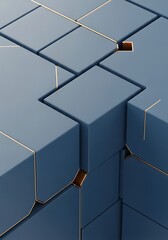 Geometric blue cubes with gold seams, abstract architectural composition