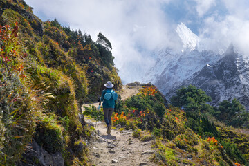 Fototapeta premium Hiker with backpack on scenic mountain path to Everest Base Camp, surrounded by snowy peaks. Nepal
