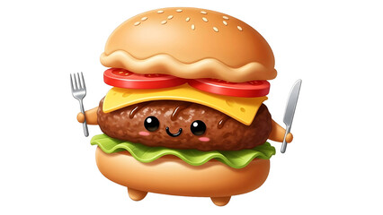 Cute Kawaii Hamburger Cartoon Character Holding a Fork and Knife, Happy Cheeseburger Mascot Illustration