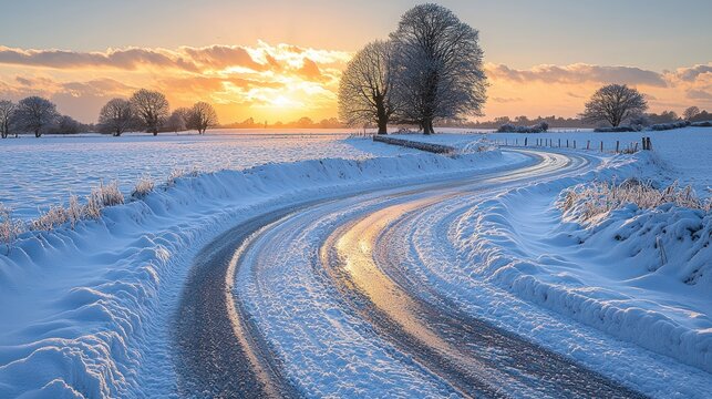 A winding road glistens with ice, leading towards a brilliant, snow-covered landscape at sunrise