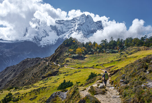 Hiker with backpack on scenic mountain path to Everest Base Camp, surrounded by snowy peaks and sunlit green meadow. Nepal