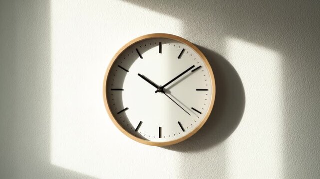 Wall clock on textured wall with sunlight