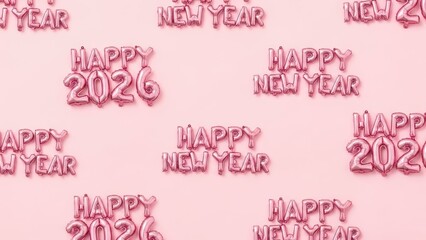 Seamless repeating pattern background of pink foil balloons spelling out "HAPPY NEW YEAR" and "HAPPY 2026" for festive holiday design and greeting cards