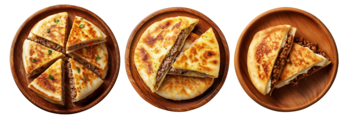 Grilled stuffed flatbread like Arayes pita filled with seasoned minced meat on wooden plate, isolated on white, street food