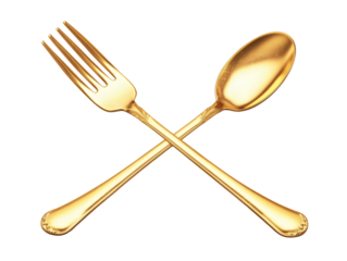 Elegant golden fork and spoon crossed, perfect for luxury dining and high-end culinary themes