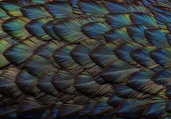 Vibrant Iridescent Blue and Green Avian Feather Texture Background Close up pattern