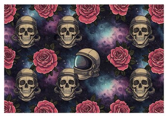Cosmic Skull and Rose Pattern on Galaxy Background Seamless Textile Design pattern