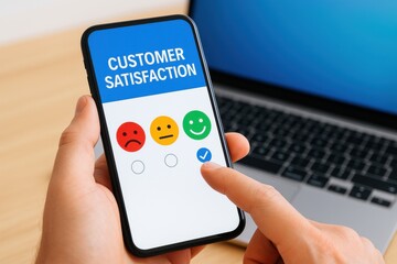 User selecting customer satisfaction rating on mobile app interface, showcasing digital feedback collection. Concept of user engagement, service improvement, and mobile technology.