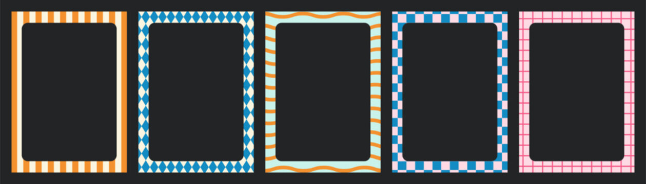 Set of retro geometric border frames with stripe diamond and checkerboard patterns for photo layout design