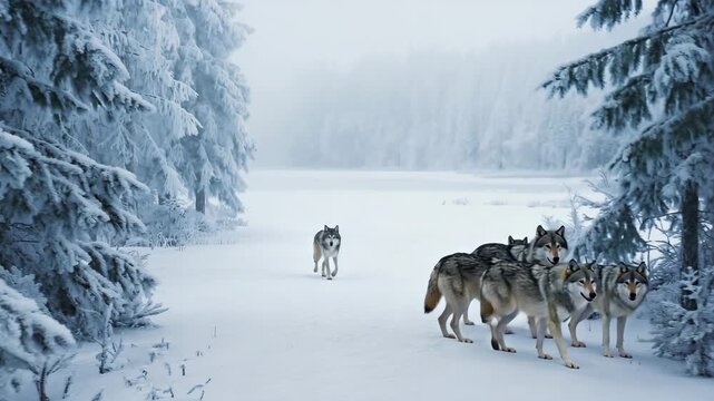 Pack of wolves walking through snow-covered forest in winter nature scene with frosty trees and