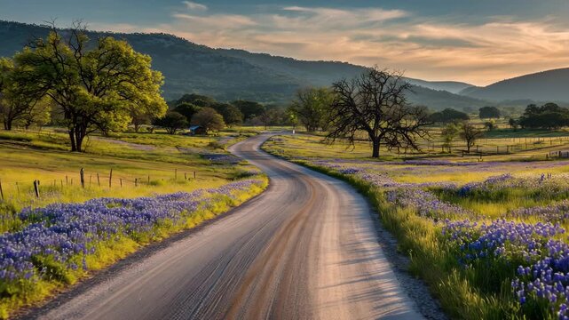 4K Winding country road lined with bluebonnets and green fields leading towards rolling hills at sunset video