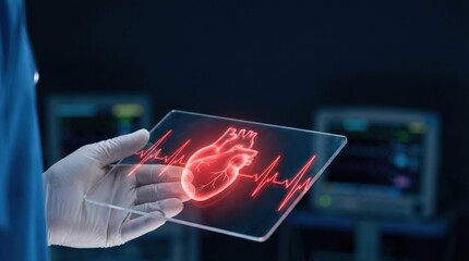 Healthcare professional holding transparent display of a heart graphic with ECG line, symbolizing innovation in medical technology and patient monitoring.