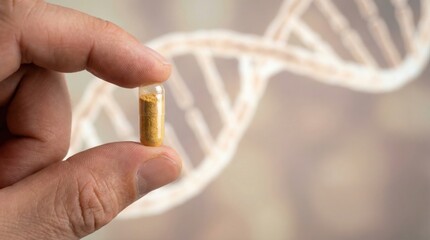 Close-up of a hand holding a capsule containing golden powder, symbolizing biotechnology and genetic research. Concept of health, innovation, and personalized medicine.