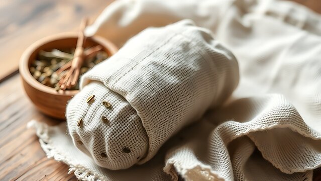 poultice. Herbal poultice wrapped in linen cloth beside a wooden bowl of dried herbs, natural remedy concept. menu design.