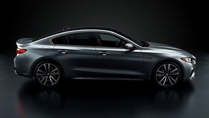 bumper. Sleek gray car on dark surface with dramatic lighting, showcasing reflective details. mobility guides, transit brochures, designed for transport & logistics marketing.