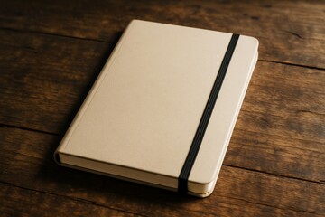 Fototapeta premium Minimal beige notebook mockup with black elastic band placed on rustic wooden background for branding or presentation purposes in clean layout concept. Ai generative