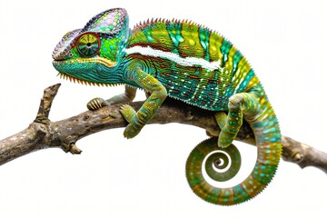 Obraz premium Close-up side view of a colorful Panther Chameleon perched on a tree branch isolated on white.