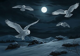 Four Majestic White Owls Flying Under a Full Moon in a Snowy Night Landscape pattern
