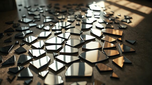 superego. Broken mirror pieces scattered on floor reflecting distorted surfaces. wellbeing guides, coaching materials, designed for coaching and self-improvement content, clarifies learning.