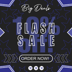 Big Deals Flash Sale discount Off Banner. Dark blue and black background with stars pattern. Vector marketing design with shopping icons.
