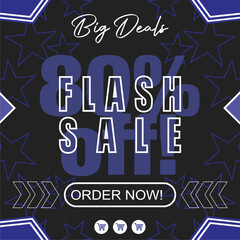 Big Deals Flash Sale discount Off Banner. Dark blue and black background with stars pattern. Vector marketing design with shopping icons.