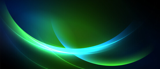 Naklejka premium Abstract background features flowing curves, vibrant blues, greens. Smooth gradients create dynamic visual effect. Dark edges frame bright center.